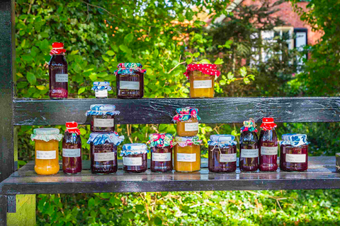 Homemade jams and jellies on a shelf in front of a green bush
