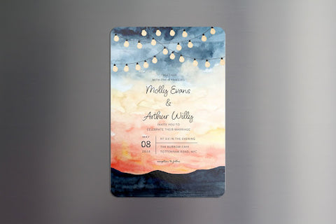 Save the date card with sunset over mountains background.