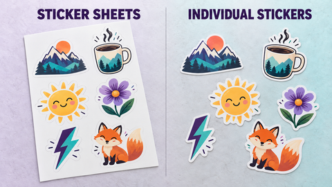 Custom sticker sheet with six kiss-cut designs compared with six separate individual die-cut stickers featuring the same artwork.